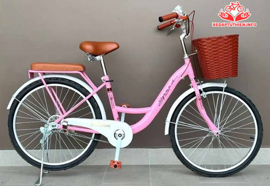 xe đạp từ thiện thời trang thiên nga khung thép màu hồng